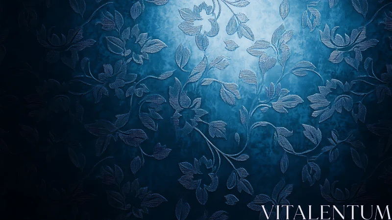 Softly lit blue floral wallpaper with elegant textured vines.