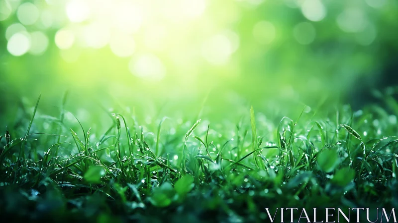 Morning dew on vivid grass in glowing bokeh light.