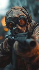 Goggle-eyed marksman in ember-lit tactical standoff.