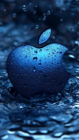Blue metallic apple-shaped logo form with water droplets.