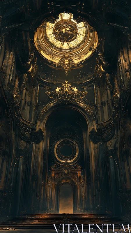 Golden vaulted hall with ornate arches and glowing dome.