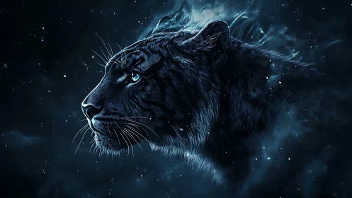 Black Panther with Luminous Eyes Against Cosmic Starfield
