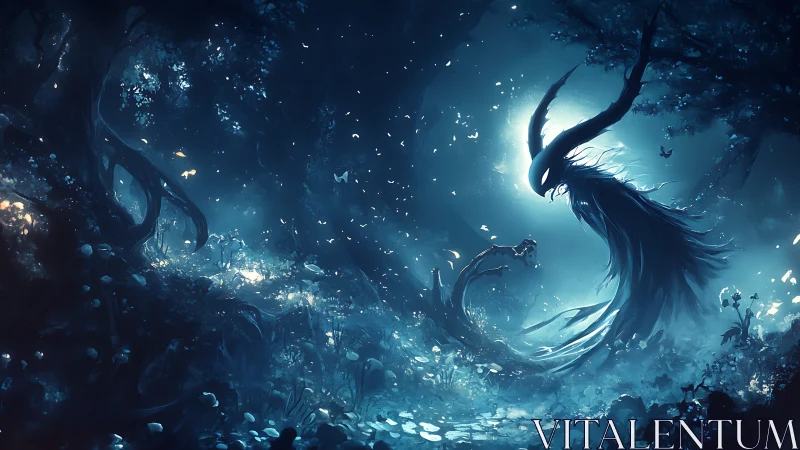 Moonlit wraith in bioluminescent enchanted forest.