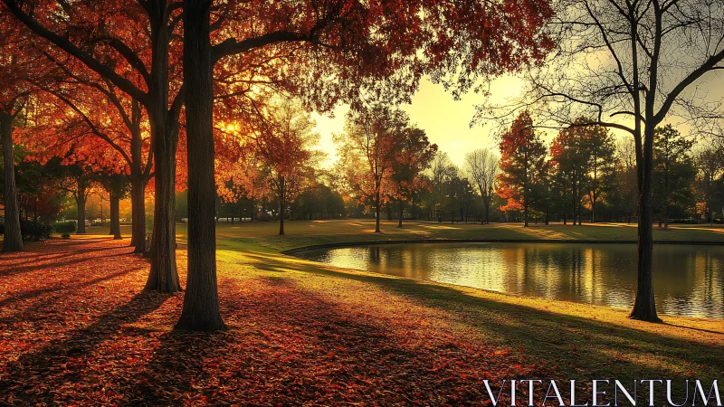 Golden autumn sunset warms a tranquil lakeside park path