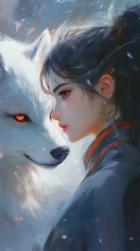 Silent bond between moonlit wolf and determined girl.