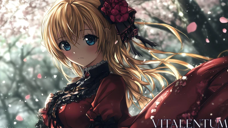 Cherry blossoms linger as the crimson lace girl turns away