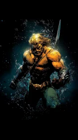 Storm-lit sea warrior rising from the deep with resolve.