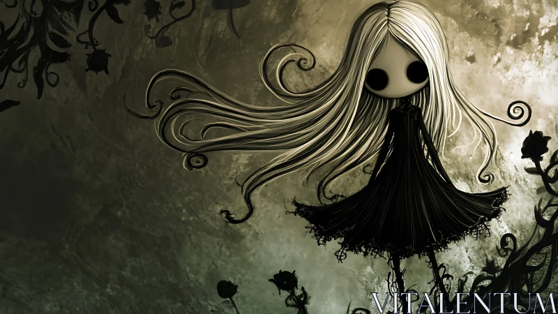 Monochrome stylized figure stands amid swirling vines and forms