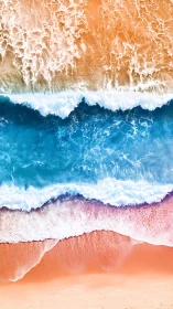 Vertical aerial seascape with layered pastel surf bands.