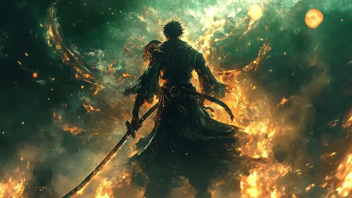 Silhouetted sword wielder within swirling fire and light.