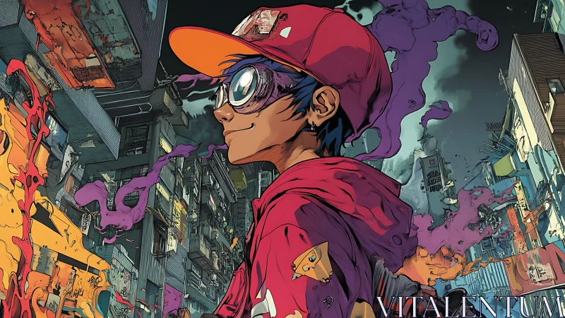 Urban street kid in neon graffiti cityscape at dusk.