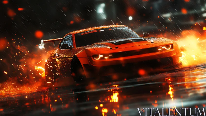 Orange sports car drifts through rain with sparks and reflections