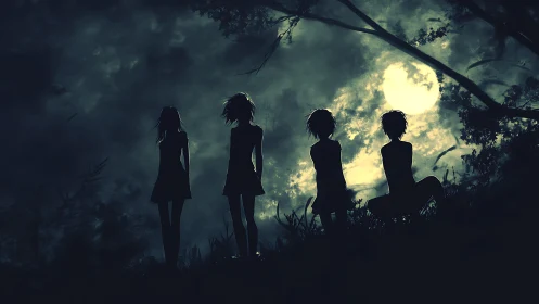 Silhouetted figures on hillside under full moonlit sky.