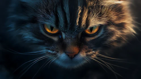 Piercing Feline Gaze in Dramatic Shadow and Amber Light