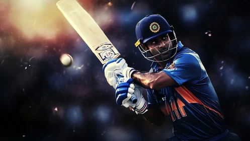 Cricket batsman launches a dynamic shot under stadium lights