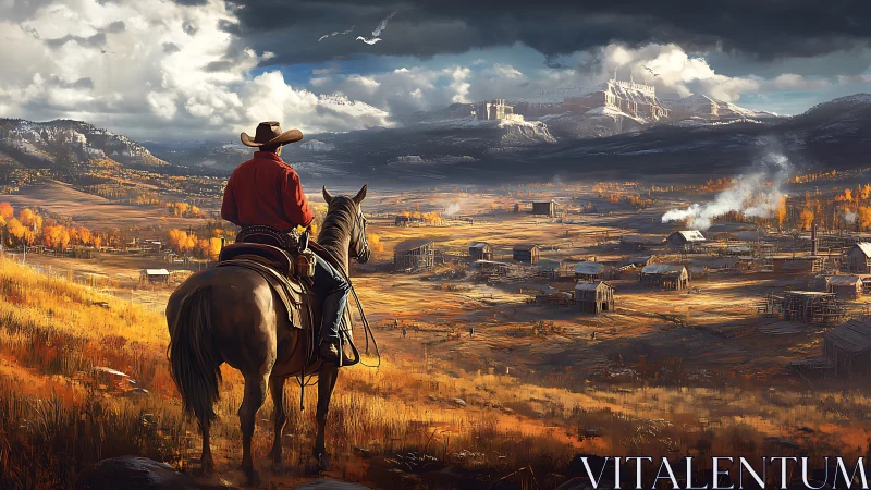 Cowboy on horseback surveying frontier settlement basin panorama.