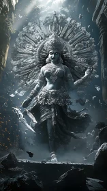 Divine warrior goddess strides through shattered temple ruins.