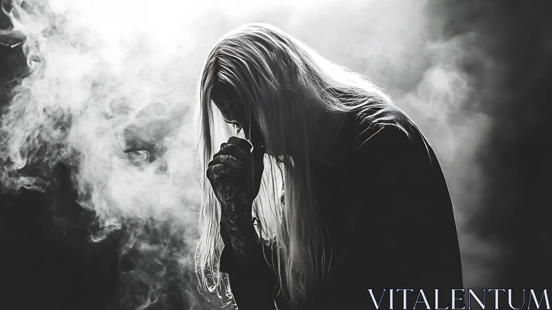 High contrast portrait of long haired figure in atmospheric smoke