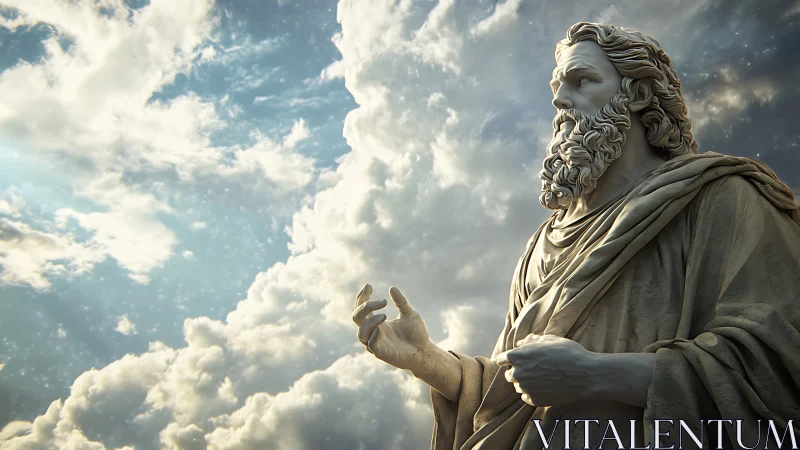 Stone bearded statue against expansive cloudy sky backdrop.