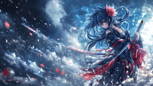 Sword-wielding anime warrior stands in storm of petals