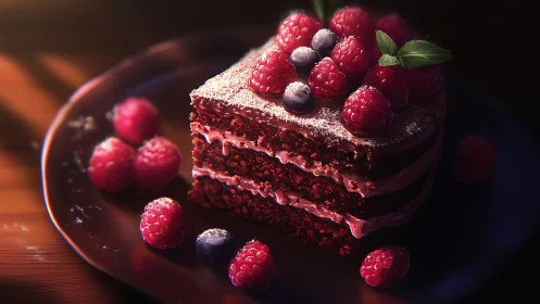 Multi-layered chocolate cake slice with raspberry and blueberry garnish arrangement