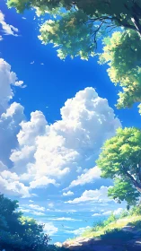 Layered cumulus sky framed by backlit foliage in stylized daylight