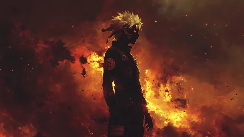 Masked anime warrior silhouette against dense fiery backdrop.