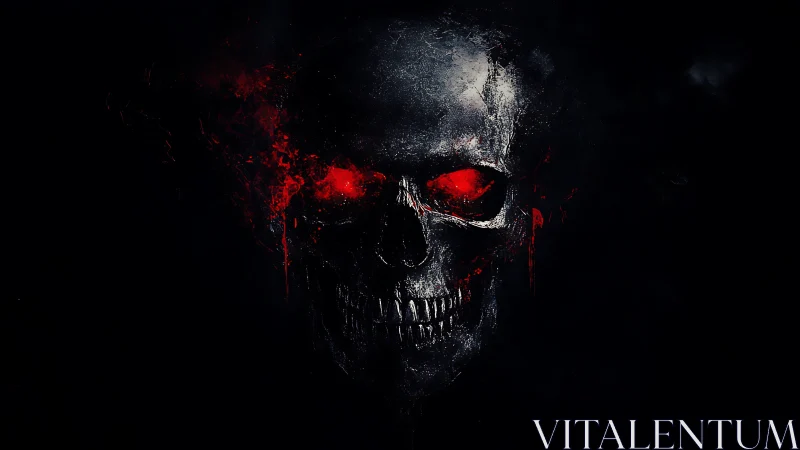 Burning crimson skull emerges from deep, shadowy darkness