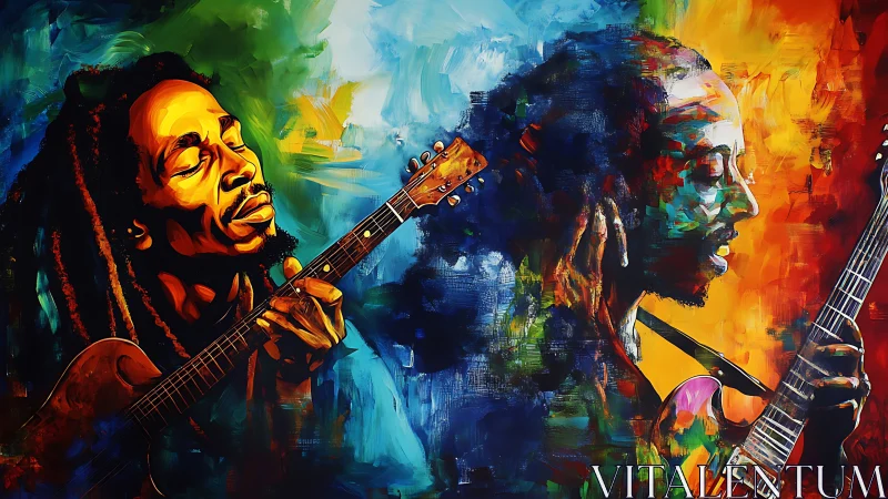 Reggae guitarist in vivid dual portrait of color and sound.