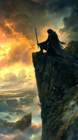 Lone cloaked warrior on cliff above vast fantasy valley.