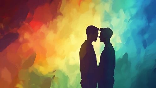 Two silhouetted figures face each other against vibrant gradient background