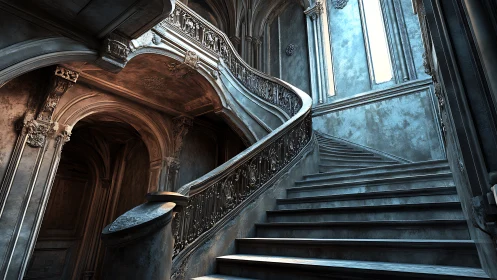 Grand curved staircase in ornate, weathered interior space.