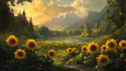 Sunlit sunflower meadow before alpine lake and peaks.