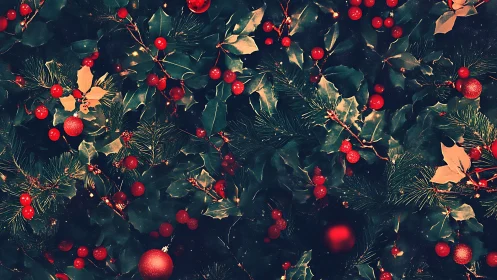 Holly tangle of scarlet berries and secret Christmas lights.