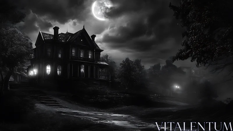 Old Victorian mansion under moonlit stormy night sky.