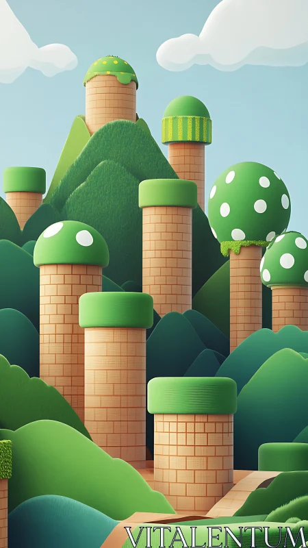 Stacked cylindrical platforms in stylized green landscape.