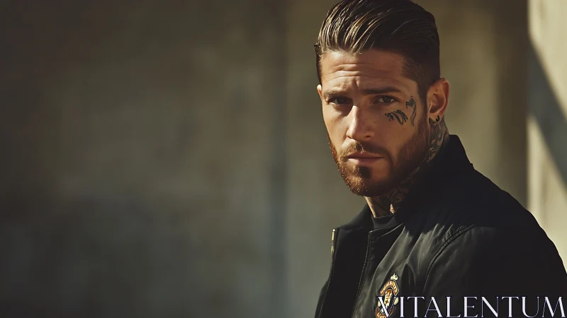 Tattooed man in jacket under moody directional sunlight.