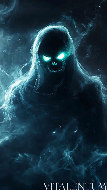 Spectral reaper emerges from luminous cyan smoke shroud