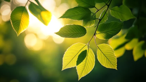 Sunlit Green Leaves with Soft Focus Background, Nature Photography.