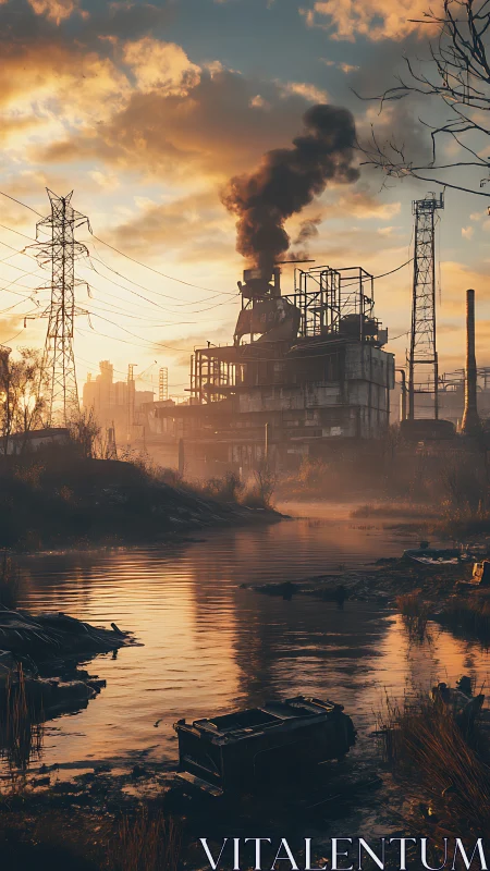 Industrial plant emits smoke over polluted river at sunset