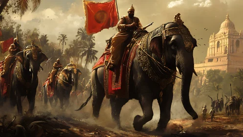 War elephants thunder past palmed roads toward a sunlit citadel.