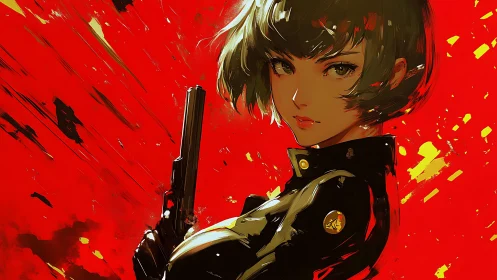 Armed anime heroine stands against explosive red backdrop