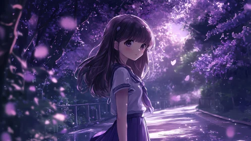 Girl in twilight path under glowing violet blossoms.