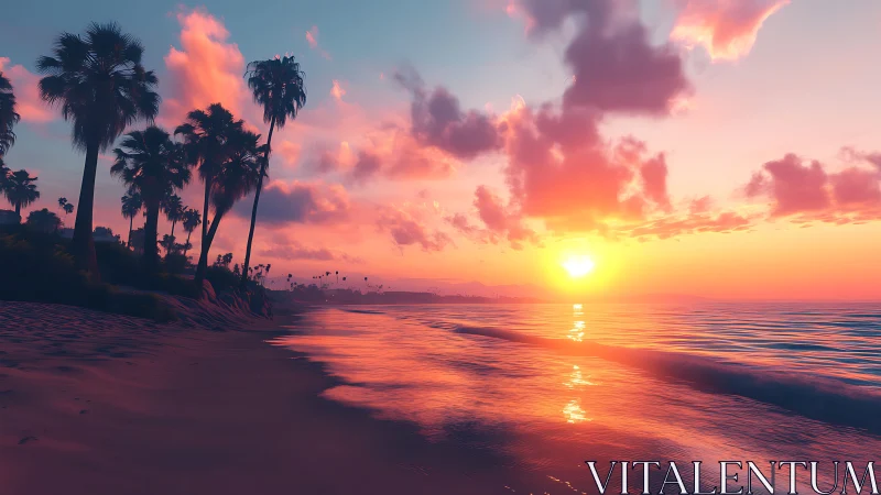 Tropical shoreline at sunset with palm silhouettes and warm surf glow.