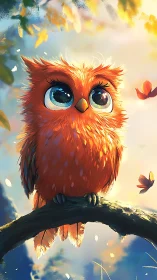 Cute orange owl with big eyes perched on tree branch.