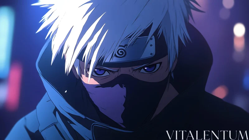 White-haired masked ninja portrait with metallic headband.