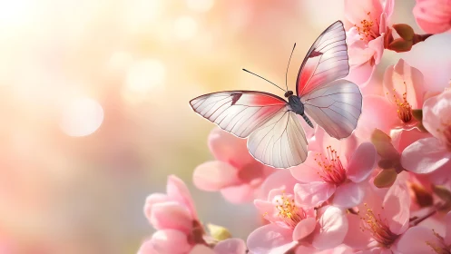 Macro study of pale butterfly hovering over cherry blossoms.