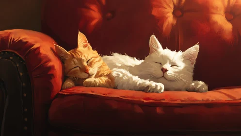 Two Contented Cats Relaxing on Crimson Sofa.