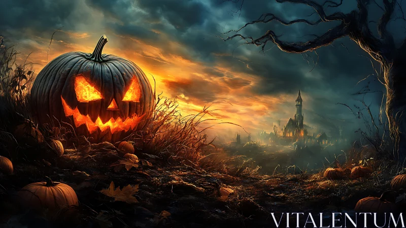 Glowing jack o lantern haunts a stormy path to distant castle