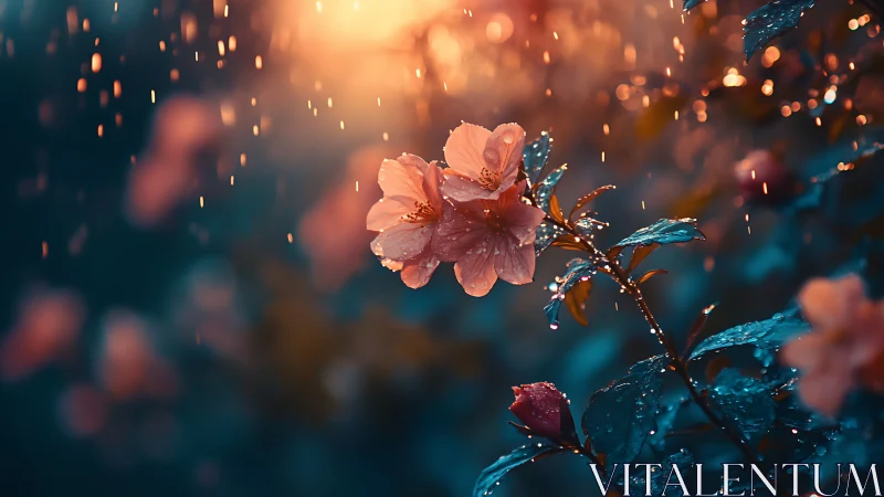 Peach flowers with raindrops backlit by golden light.